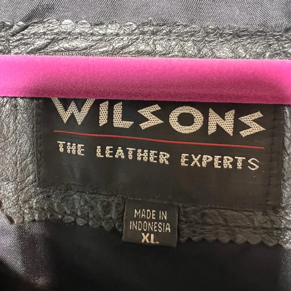 Vintage 90s Wilsons Black Leather Car Coat Belted Utility Jacket Men's XL